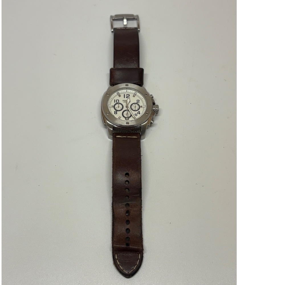 Fossil Nate Chronograph Mens Watch FS4929 Brown Leather Stainless Need Battery